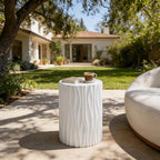 ø15.75'' Faux Stone Round Side Table Circle End Table for Living Room, Modern Unique Wavy Fluted Design, MGO Material for Indoor & Outdoor, No Assembly, White