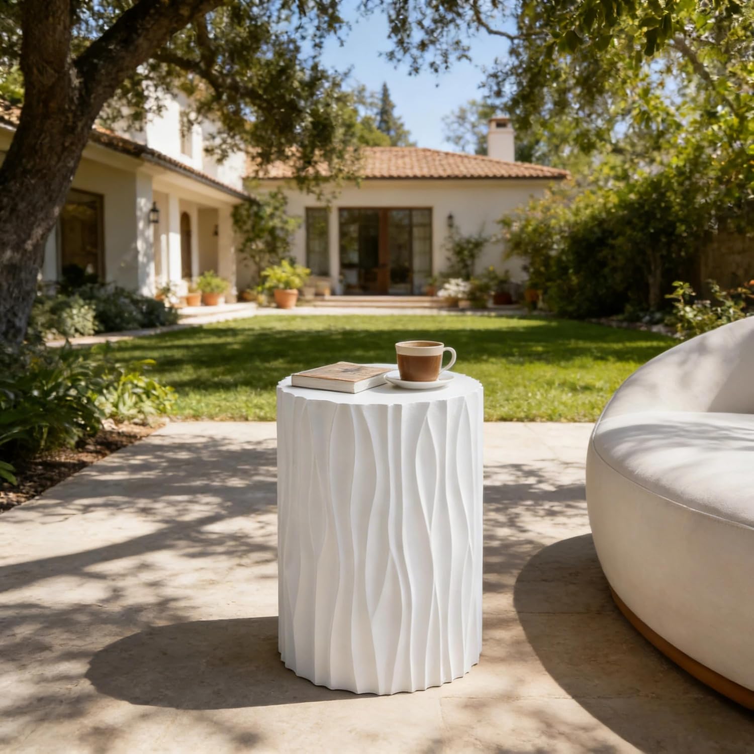 ø15.75'' Faux Stone Round Side Table Circle End Table for Living Room, Modern Unique Wavy Fluted Design, MGO Material for Indoor & Outdoor, No Assembly, White