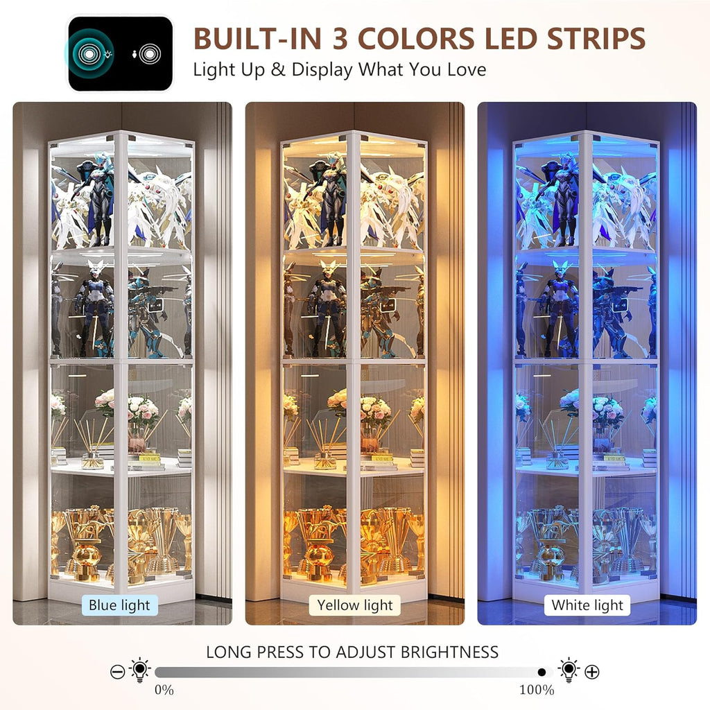 Dystler Corner Display Cabinet with Glass Doors, 68" Display Case with LED Lights, 4-Tier Curio Cabinets for Collectibles, Toys, Books, Mirrored Storage Cabinet, White
