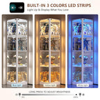 Dystler Corner Display Cabinet with Glass Doors, 68" Display Case with LED Lights, 4-Tier Curio Cabinets for Collectibles, Toys, Books, Mirrored Storage Cabinet, White