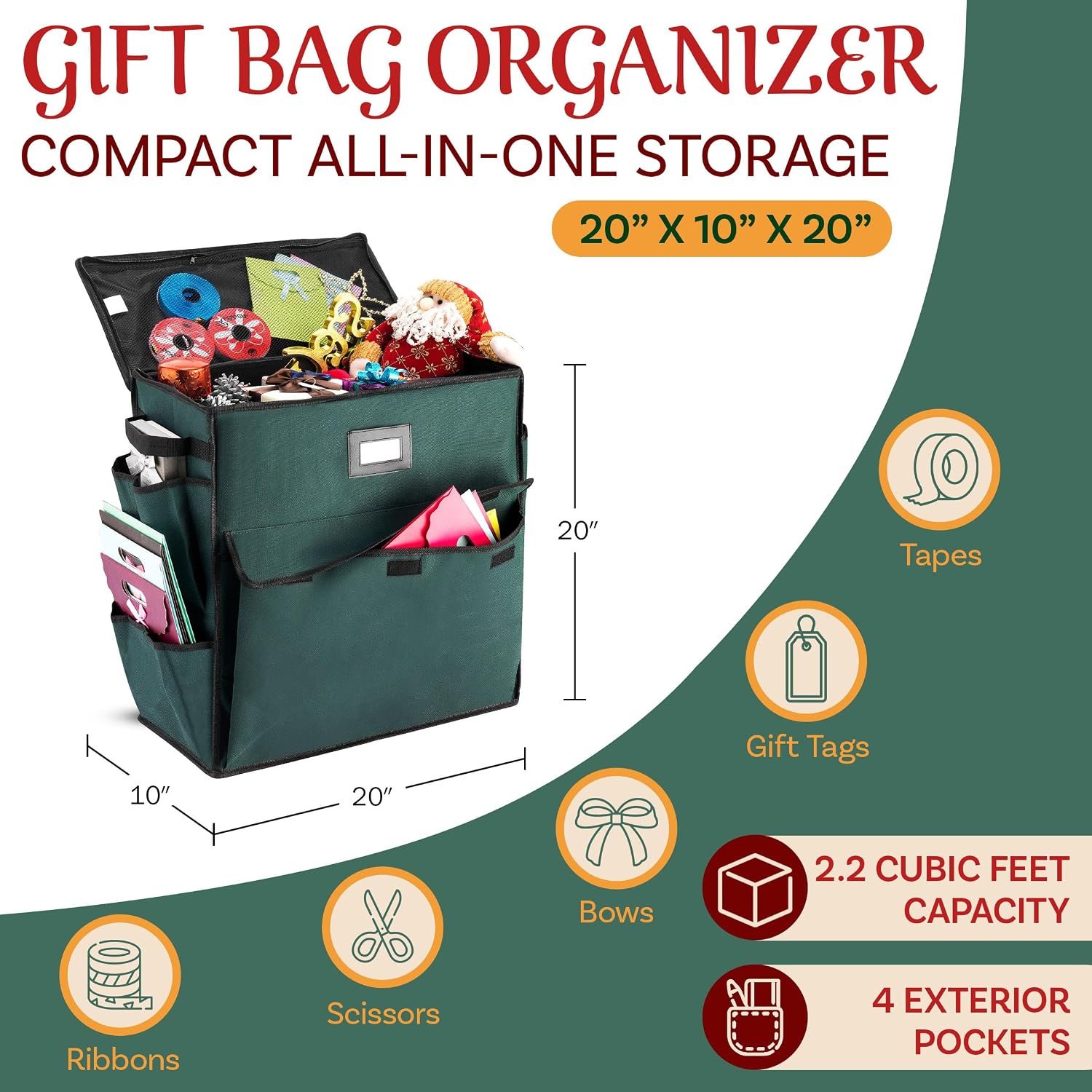 Wrapping Paper Storage Center - Portable Gift Wrap Station to Stow and Organize Flat Sheets, Holiday Gift Bags, Bows, and Ribbons by Elf Stor (Green)