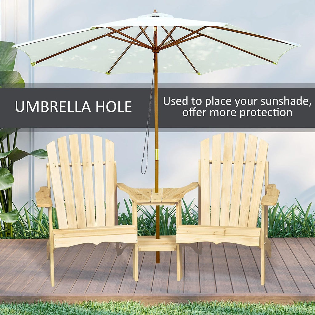 Comfortable 2-Unit Wooden Adirondack Chairs Set Featuring Center Table Umbrella Hole Natural Finish Durable Material Construction