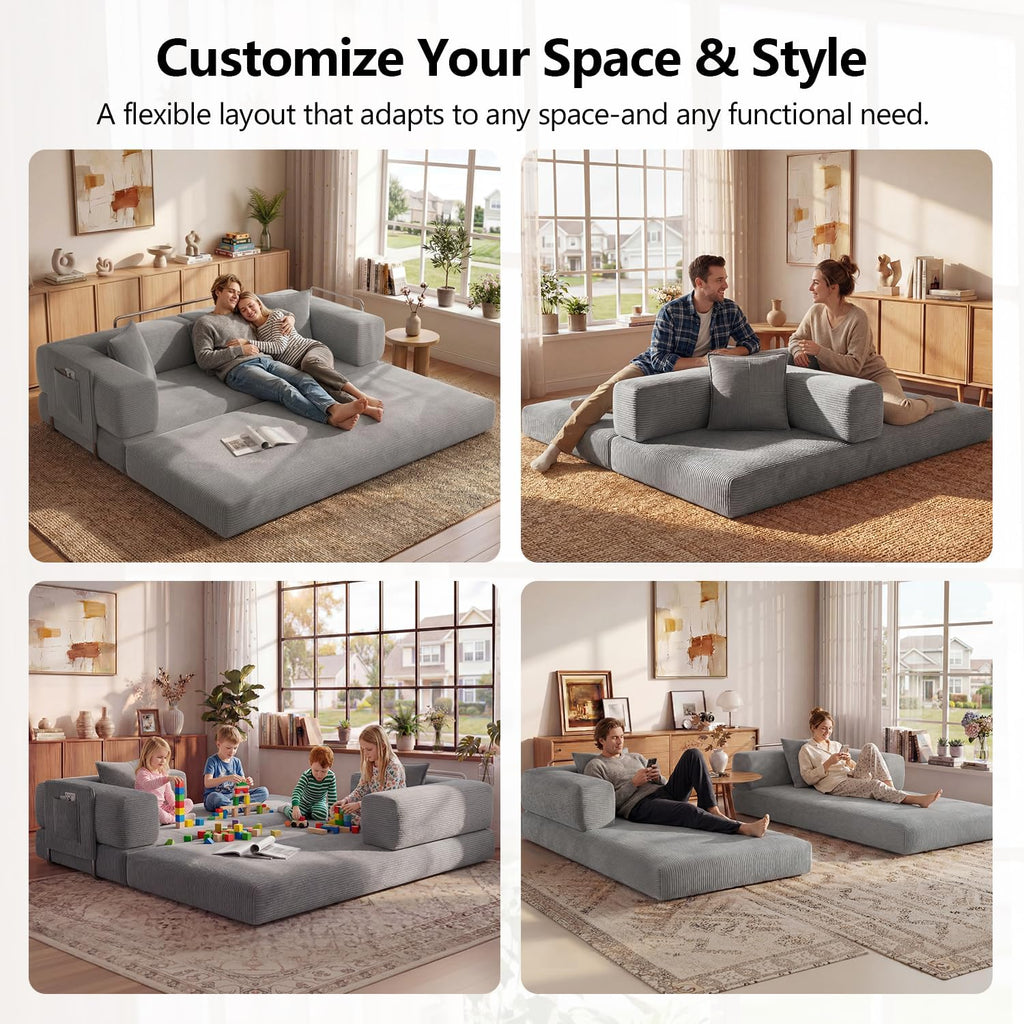 79" Convertible Sofa Bed, Corduroy Pull Out Couch with Storage Pocket, Folding Futon Sofa Bed, No Assembly Boneless Couch Bed Sleeper Sofa for Living Room Bedroom, Grey