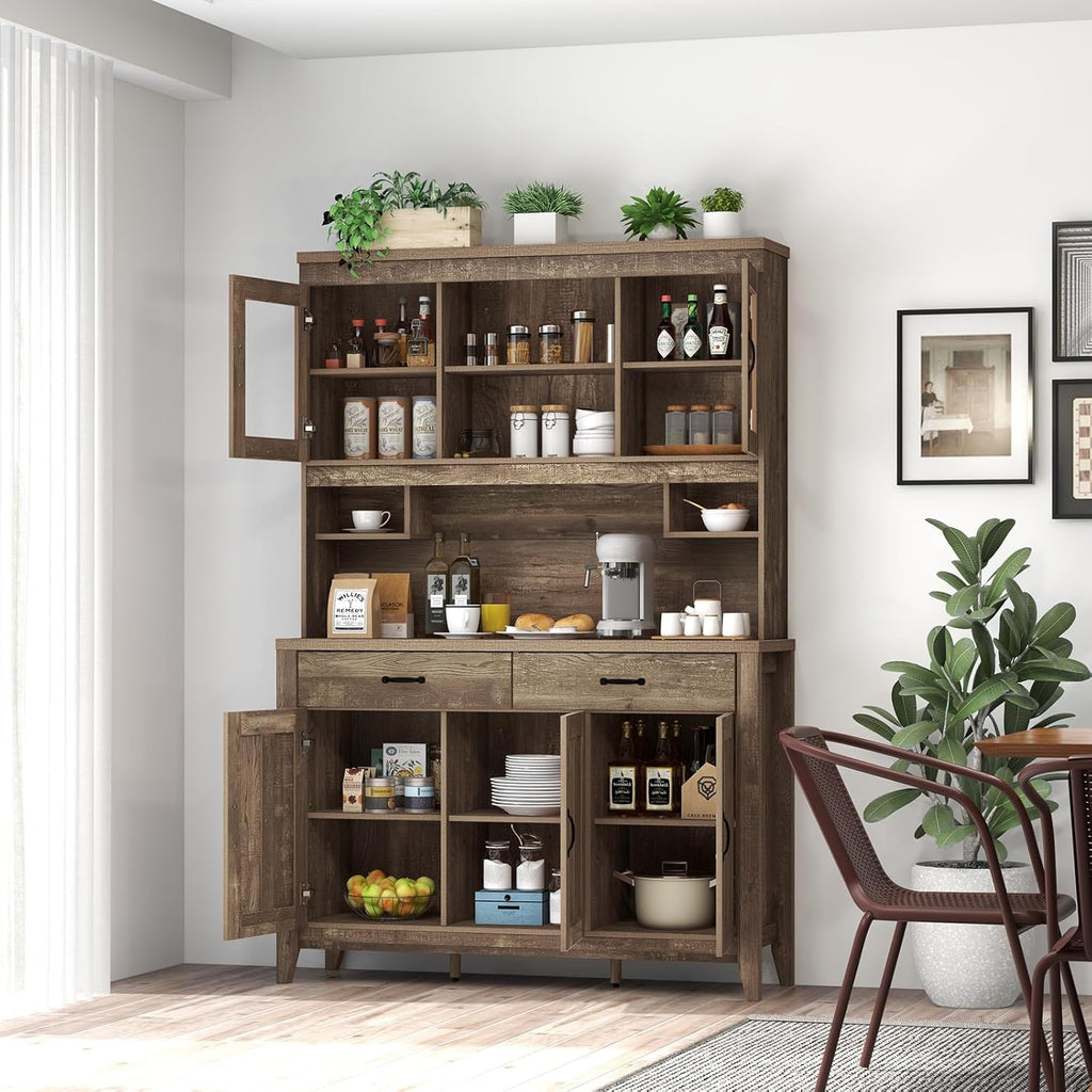 Byroce Kitchen Pantry Cabinet, Farmhouse 78.5” Tall Storage Cabinet w/Countertop, Adjustable Shelves & Drawers, Microwave Shelf w/Hutch, Wooden Buffet Sideboard w/Tempered Glass Doors, Rustic Brown
