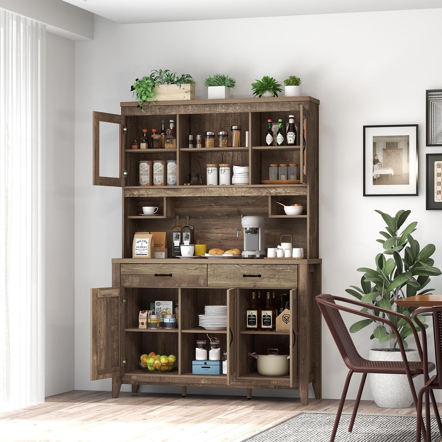 Byroce Kitchen Pantry Cabinet, Farmhouse 78.5” Tall Storage Cabinet w/Countertop, Adjustable Shelves & Drawers, Microwave Shelf w/Hutch, Wooden Buffet Sideboard w/Tempered Glass Doors, Rustic Brown