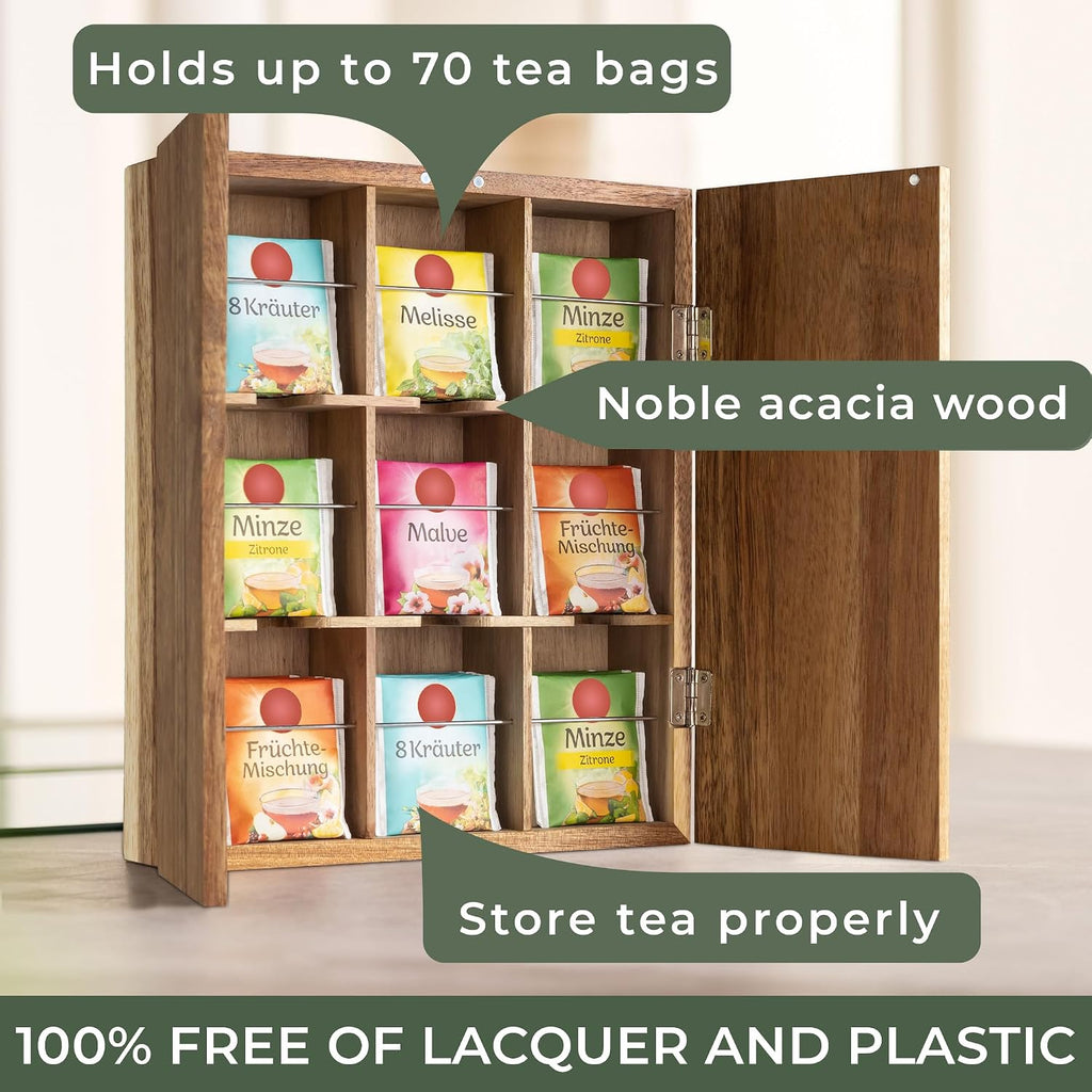 WALDWERK Tea Storage Organizer (9 Compartments) - Tea Organizer Made of Solid Acacia Wood - Tea Box with Wall Mounting Option - Tea Organizer and Storage - Tea Bag Holder - Plastic Free Tea Holder