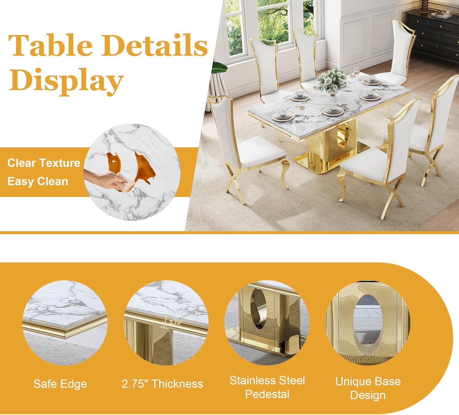 7-Piece Modern White Marble Dining Table Set, 70" Rectangular Kitchen Table with 6 High Backrest Chairs, Dining Room Set for 6 with Gold Stainless Steel Base for Dining Room