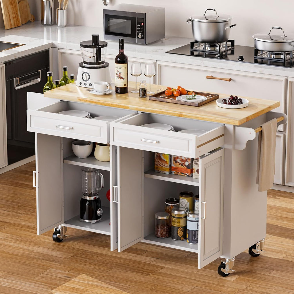 Kitchen Island with Storage 54" Large Rolling Kitchen Island Cart On Wheels 2 Cabinets 2 Drawers,Spice Towl Rack Mobile Kitchen Table White (No Drop Leaf)