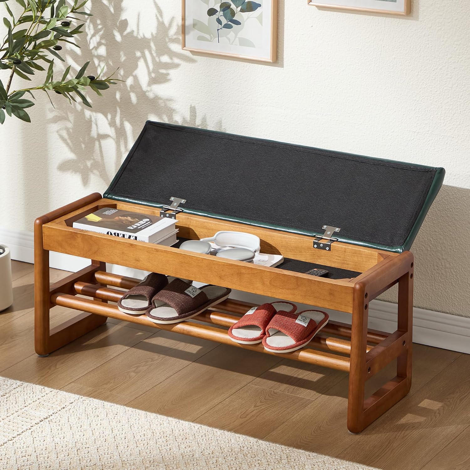 39.3" Shoe Rack Bench,2 Tiers Shoe Bench with Storage,Walnut Storage Bench with Faux Leather Cushion for Entrance Entryway Hallway Walnut PU Green