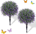 Artificial Plants Bushes for Outdoors, 2 Pack 25.6" Faux Topiary Ball Trees Lavender Plants with Stakes/Spikes for Outside, UV Resistant Fake Greenery for Front Porch, Garden, Yard (Purple, Green )