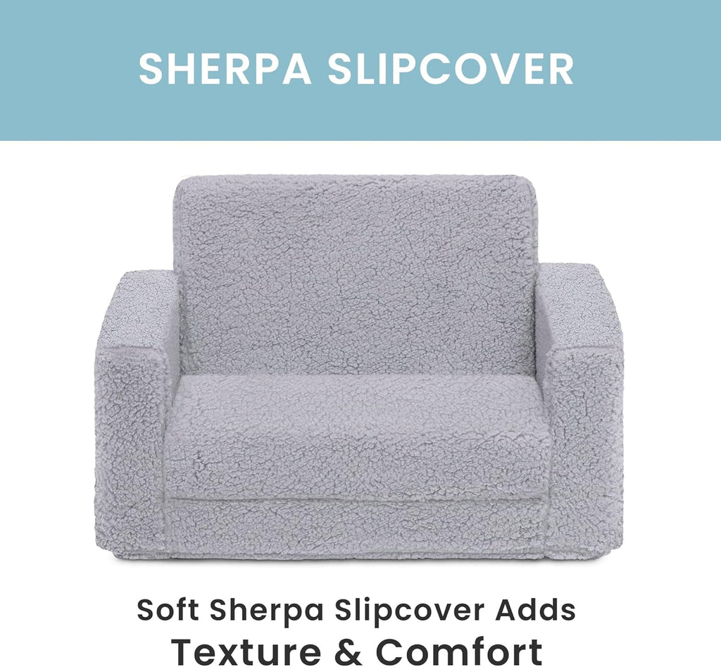 Delta Children Cozee Flip-Out Sherpa 2-in-1 Convertible Chair to Lounger for Kids, Grey