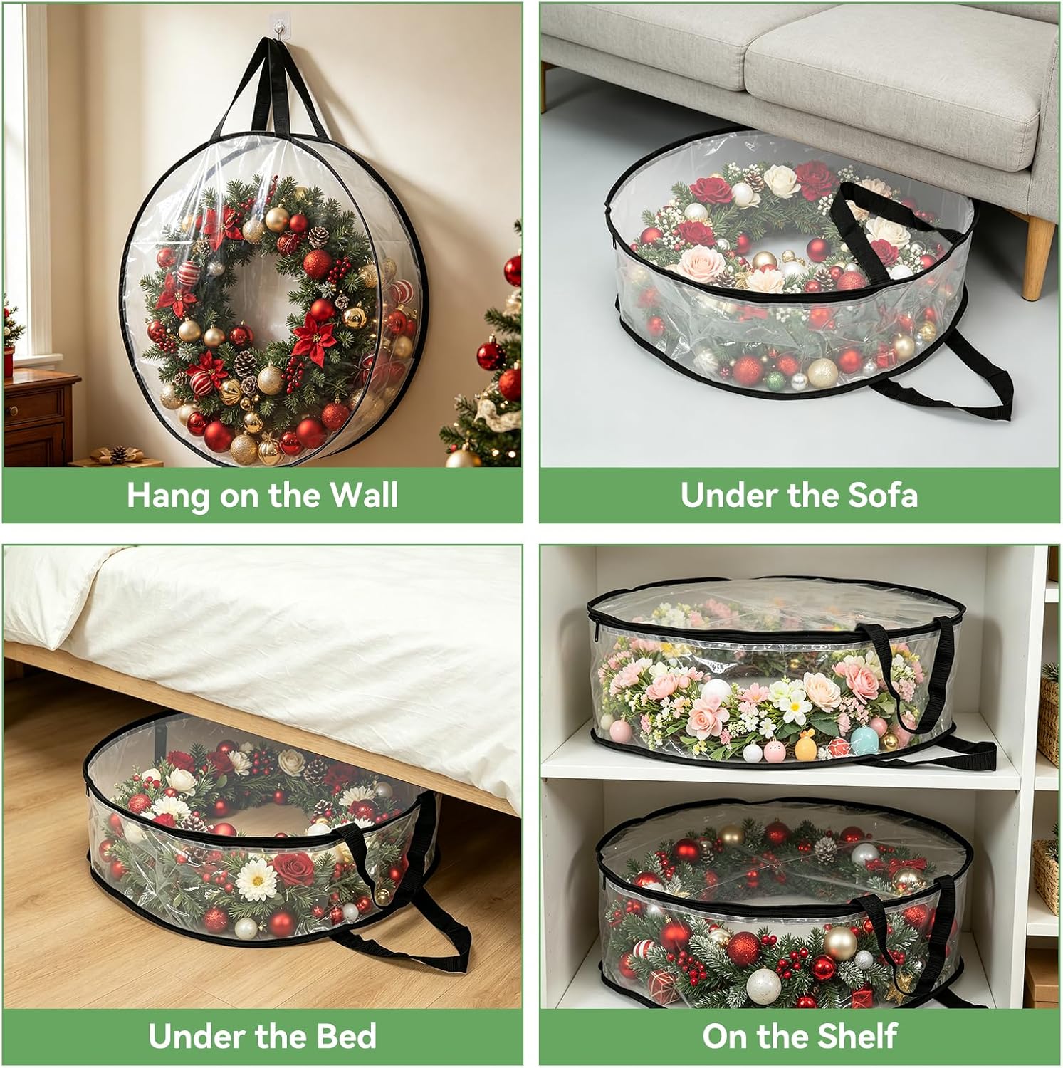 Wreath Storage Container 2-Pack, 24" Wreath Storage Bag for Garland Wreath Holder Holiday Decor Gift Storage, Wreath Bag for Spring Summer Autumn Christmas Wreath Storage