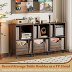 Bikoney Mid-century Modern Record Player Stand with Vinyl Storage Drawer – Wooden Turntable Side Table for All Record Players and Speakers, Large LP Storage Cabinet for Living Room, Bedroom, or Office