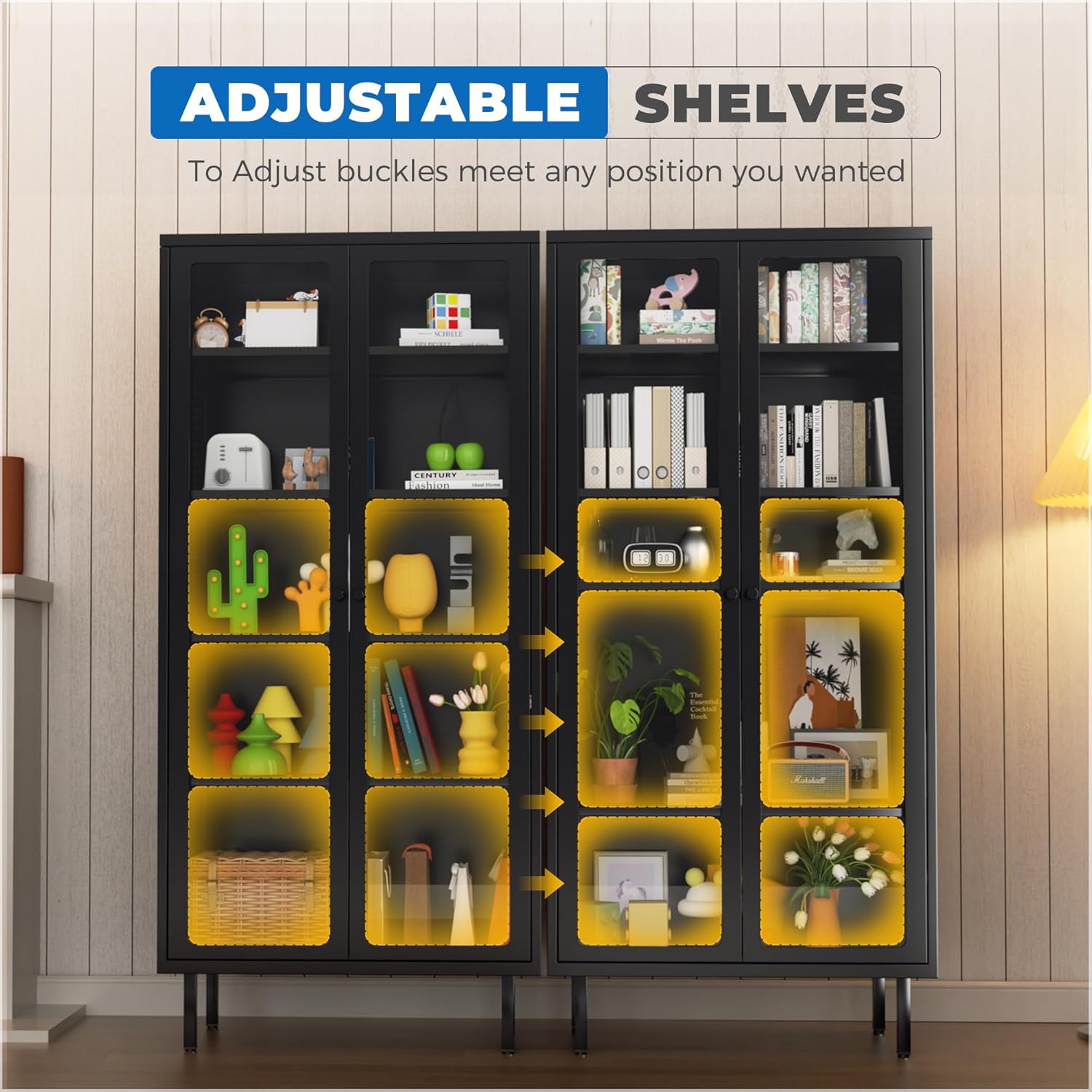 INTERGREAT Glass Display Cabinet, Metal Curio Cabinet with Tempered Glass Doors & Adjustable Shelves, Metal Storage Cabinets for Living Room, School, Plant, Black, Assembly Required
