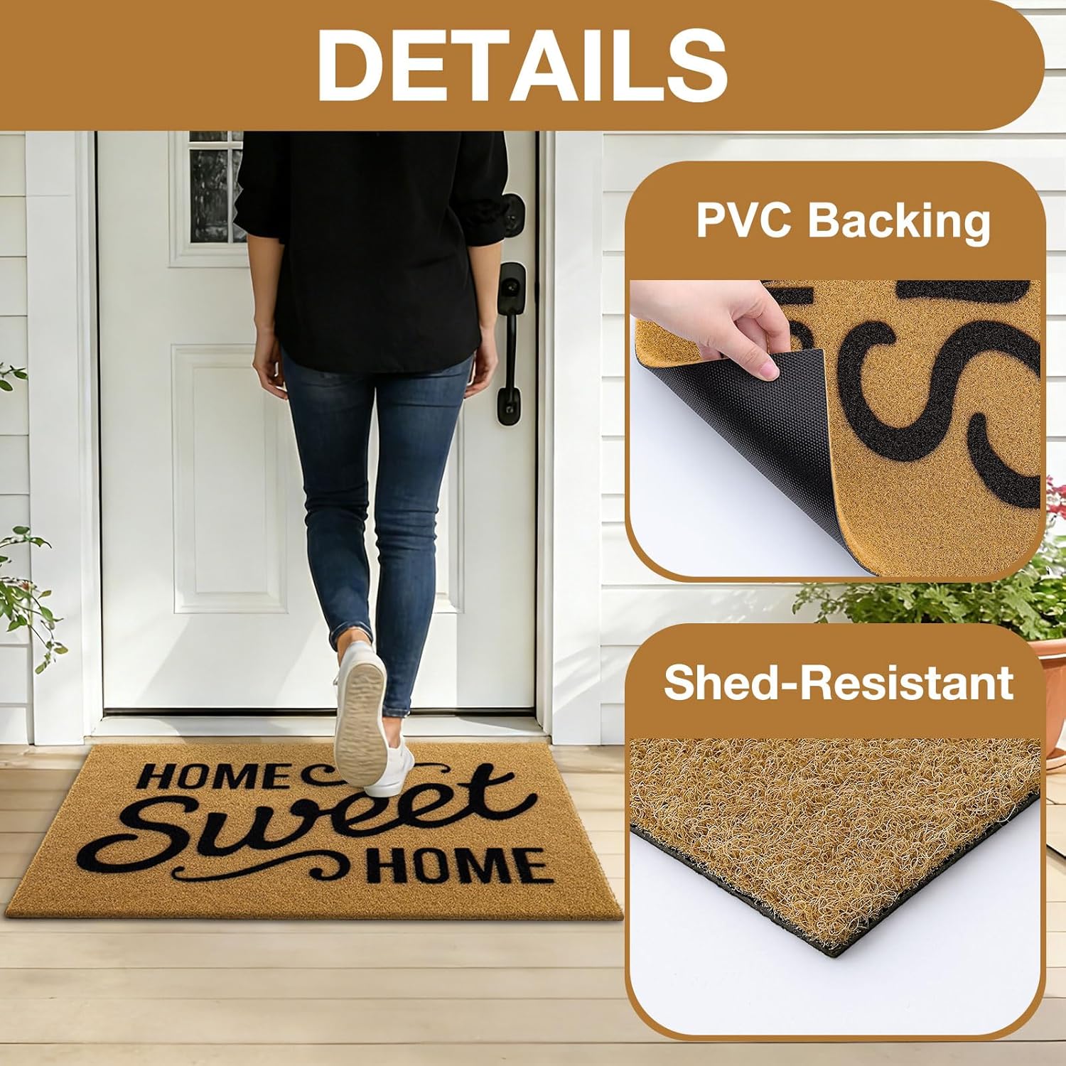 OLANLY Front Door Mat, Low Profile Doormat, Stain and Fade Resistant, Easy to Clean, for Indoor and Outdoor Entrances, Patio Porch or Entryway, Brown (30x17 Inch, Home Sweet Home)
