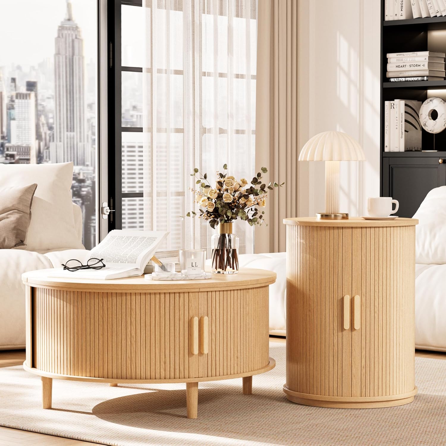 INNOD Side Table with Storage for Living Room, Round End Table with Sliding Tambour Door, Wood Night Stand Nightstand Bedside Table for Bedroom, Small Round Side Table, Mid Century Modern, Light Oak