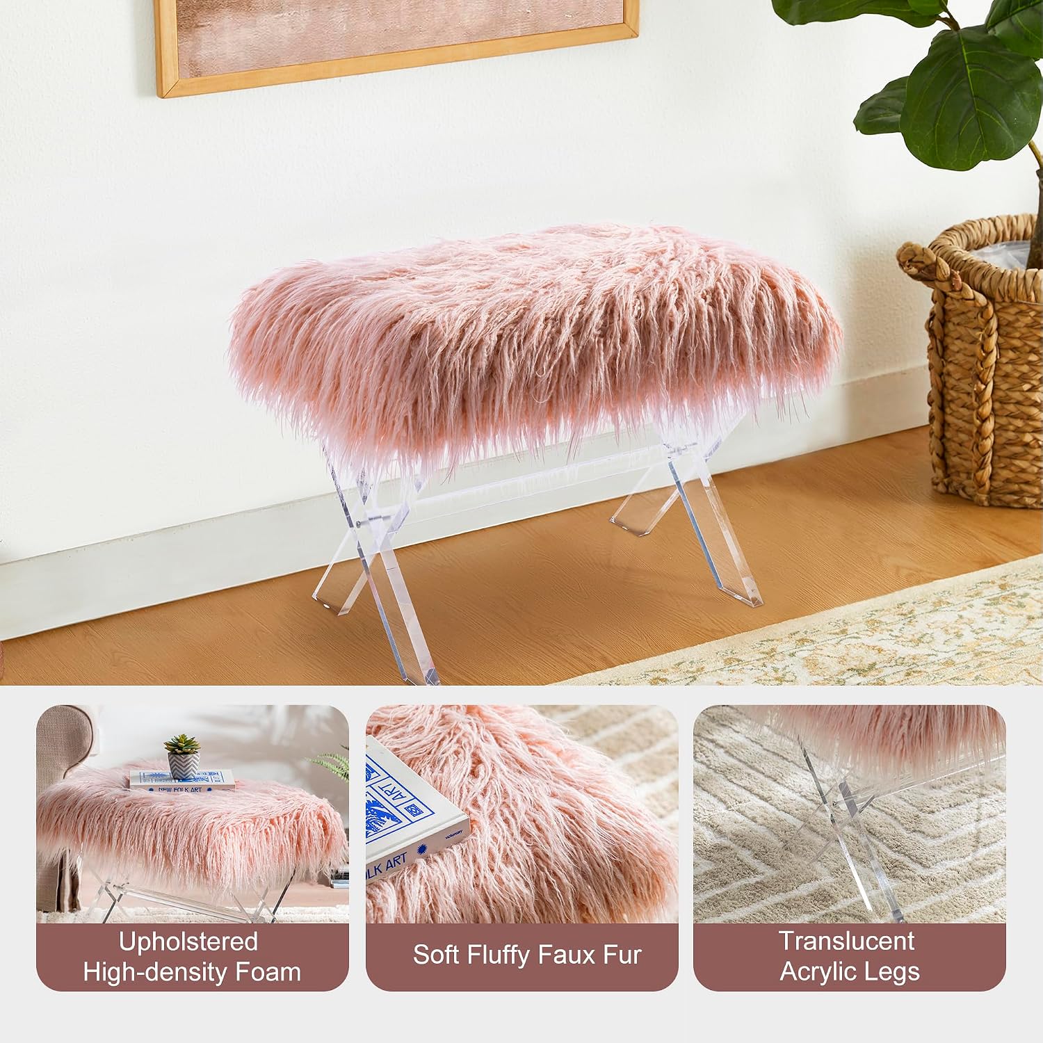 Glitzhome Ottoman Bench, Pink Faux Fur Ottoman Foot Rest, Modern Vanity Stool Chair with Acrylic Legs for Living Room Bedroom Entryway Makeup Bench End of Bed, 25.5" L