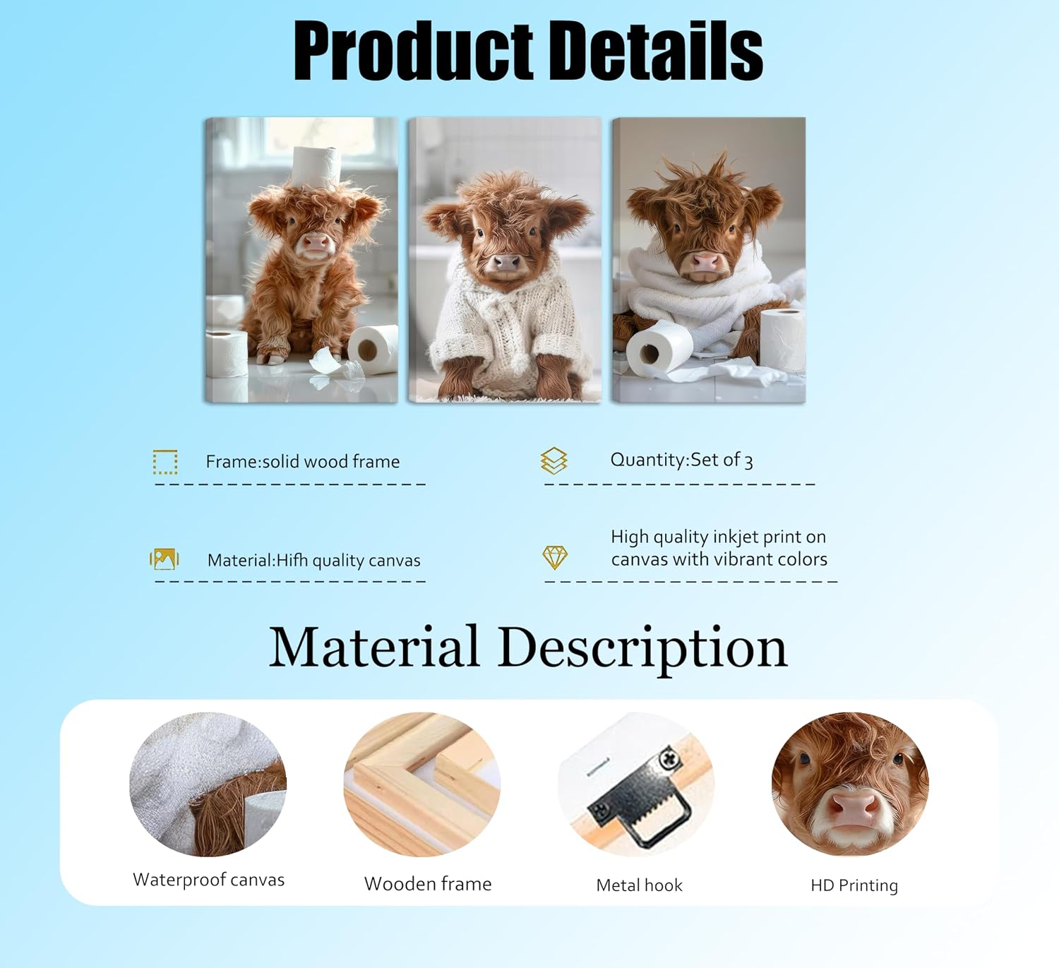 3Pcs Funny Highland Cow Bathroom Canvas Wall Art Brown Cute Animal Picture Wall Decor Cow Baby Rustic Farmhouse Poster Print Artwork for Children's Room Nursery Bathroom Restroom Home Decoration