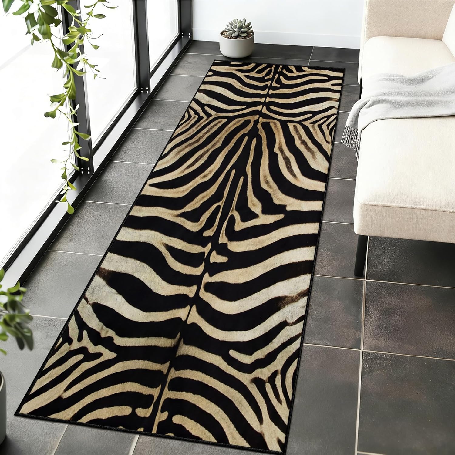 Zebra Print Runner Rug 2x6ft Vintage Animal Print Rug Runners, Bohemian Zebra Striped Runner Rugs Washable Non-Slip Carpet for Hallways Entryway Kitchen Modern Home Decor