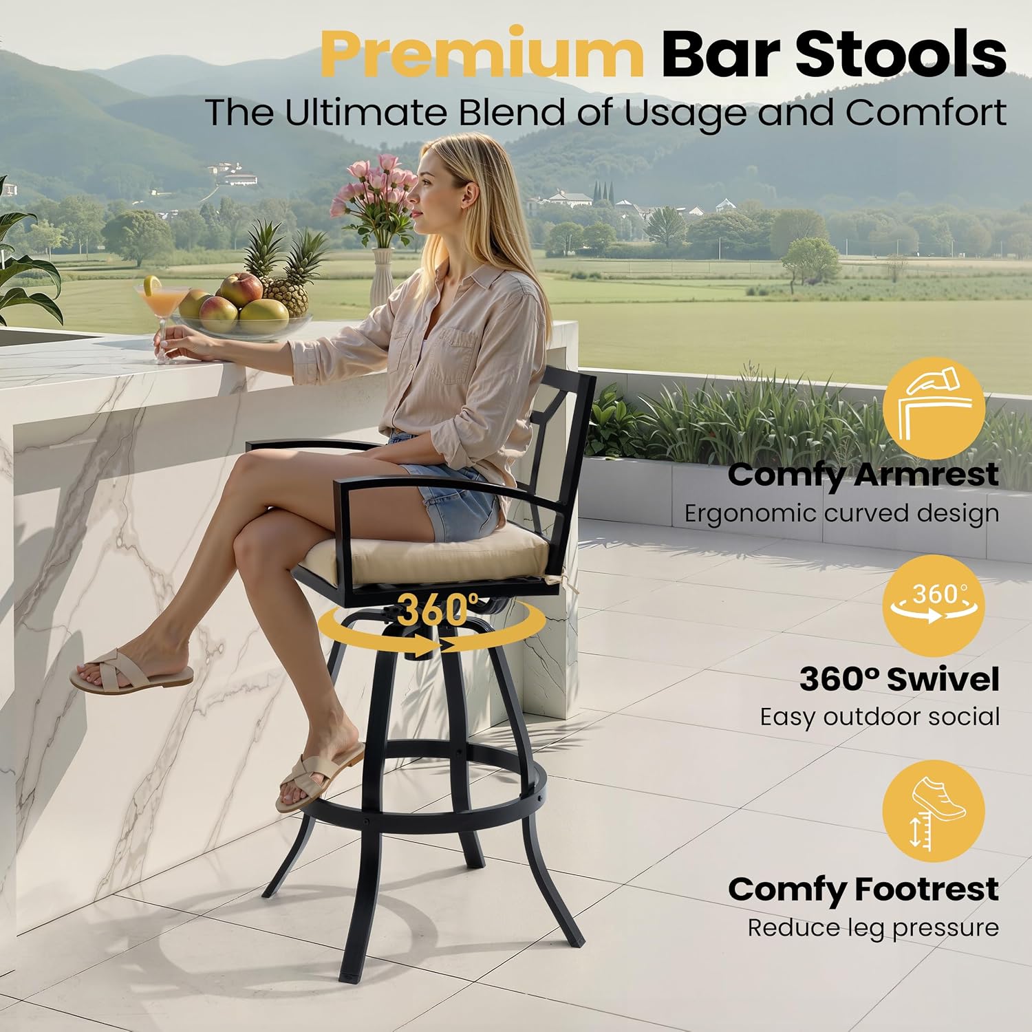 Pellebant 30" Sunbrella Outdoor Bar Stools Set of 2, Aluminum Swivel Patio Bar Height Barstools with Back & Footrest, All-Weather Patio Barstools for Deck Lawn Garden, Beige