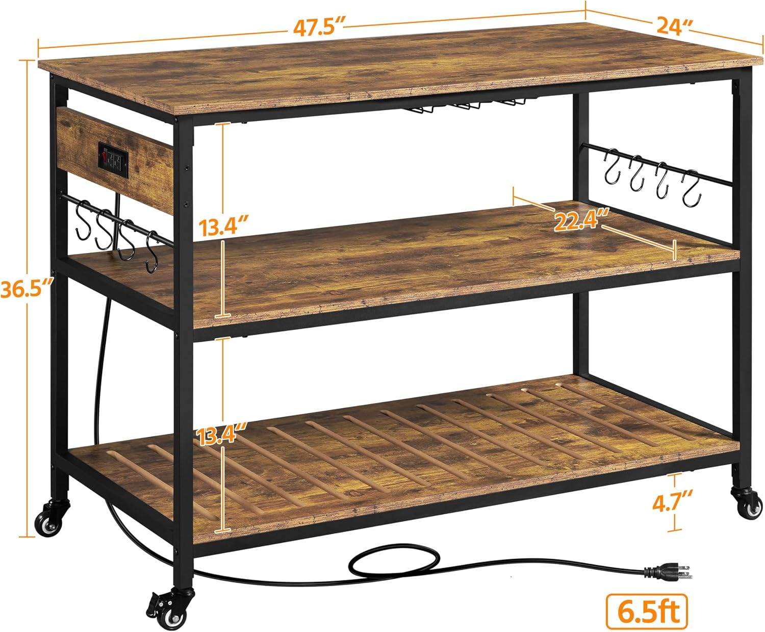 Yaheetech Kitchen Island with Power Outlet, Rolling Kitchen Cart with Wine Rack & Glass Holder & Hooks, Coffee Bar Microwave Stand Wine Rack Table for Dining Room, 47.5" W x 24" D, Rustic Brown