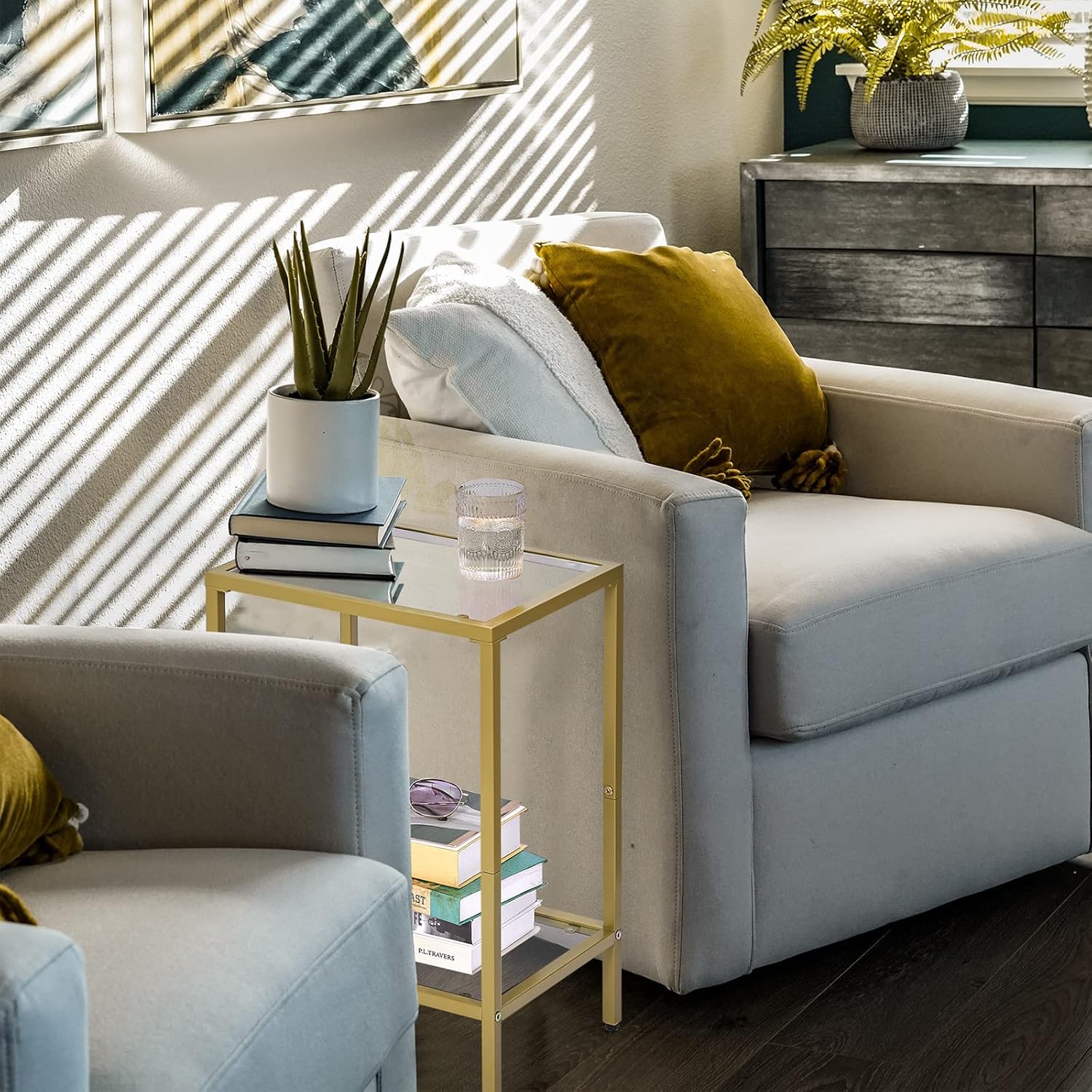 HOMSHO Side Tables Set of 2, End Tables with Tempered Glass, 2-Tier Nightstands with Storage Shelves, Coffee Table with Modern Style, Slim Sofa Table for Living Room, Bedroom, 11.8" D x 15" W, Gold
