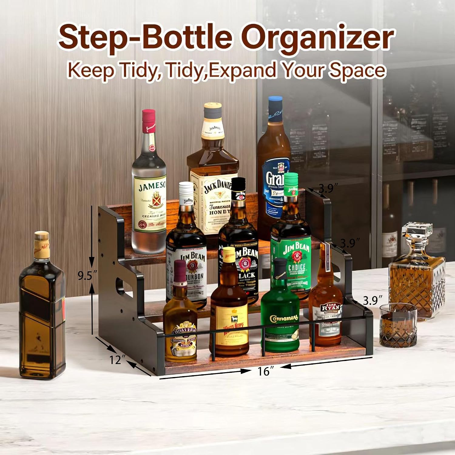 Liquor Bottle Display Shelf,Wood Syrup Organizer Rack,3 Step Countertop Organizer Wine Rack,Rustic Coffee Station Accessories for Syrup (Brown)