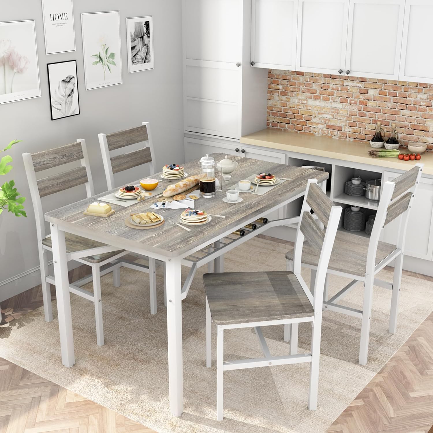 Hooseng Dining Table Set for 4, Wood Kitchen Table Chairs Set with Storage, Farmhouse 5 Piece Dining Room Table Set, Space-Saving Dinette Set for Breakfast Nook, Apartment
