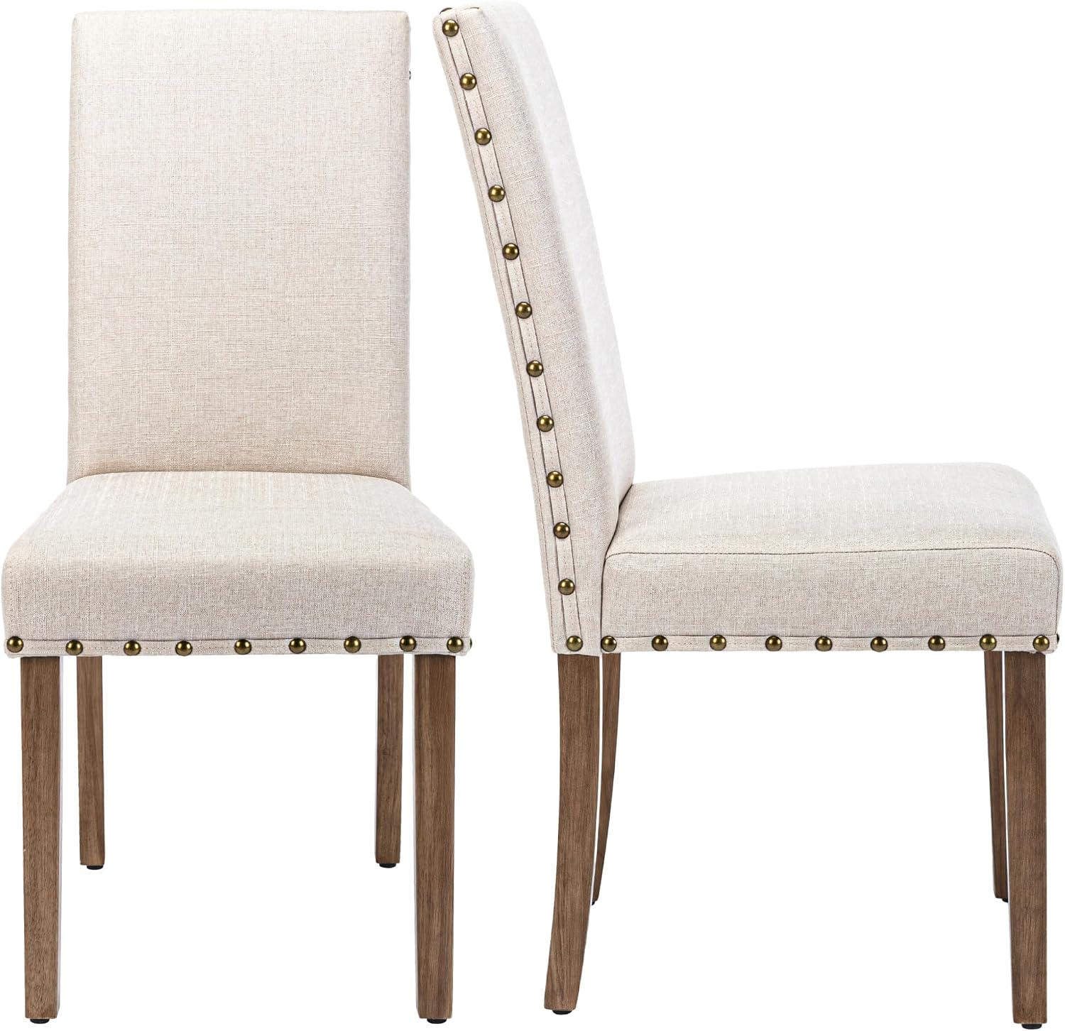 Upholstered Dining Chair Modern Stylish Parsons Kitchen Diner High Back with Bronze Nailhead Trim & Wood Legs, Set of 2, Beige