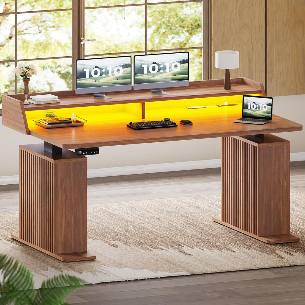 SEDETA Standing Desk with Storage, 55" Fluted Stand Up Desk with Power Outlets and LED Lights, Height-Adjustable Table with Monitor Shelf for Home Office & Gaming, Brown
