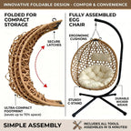 Foldable Hanging Egg Chair with Stand, 350 Lbs Capacity HDPE Rattan Swing Chair with Cushion for Indoor Outdoor Patio Bedroom Balcony(Beige+Yellow)