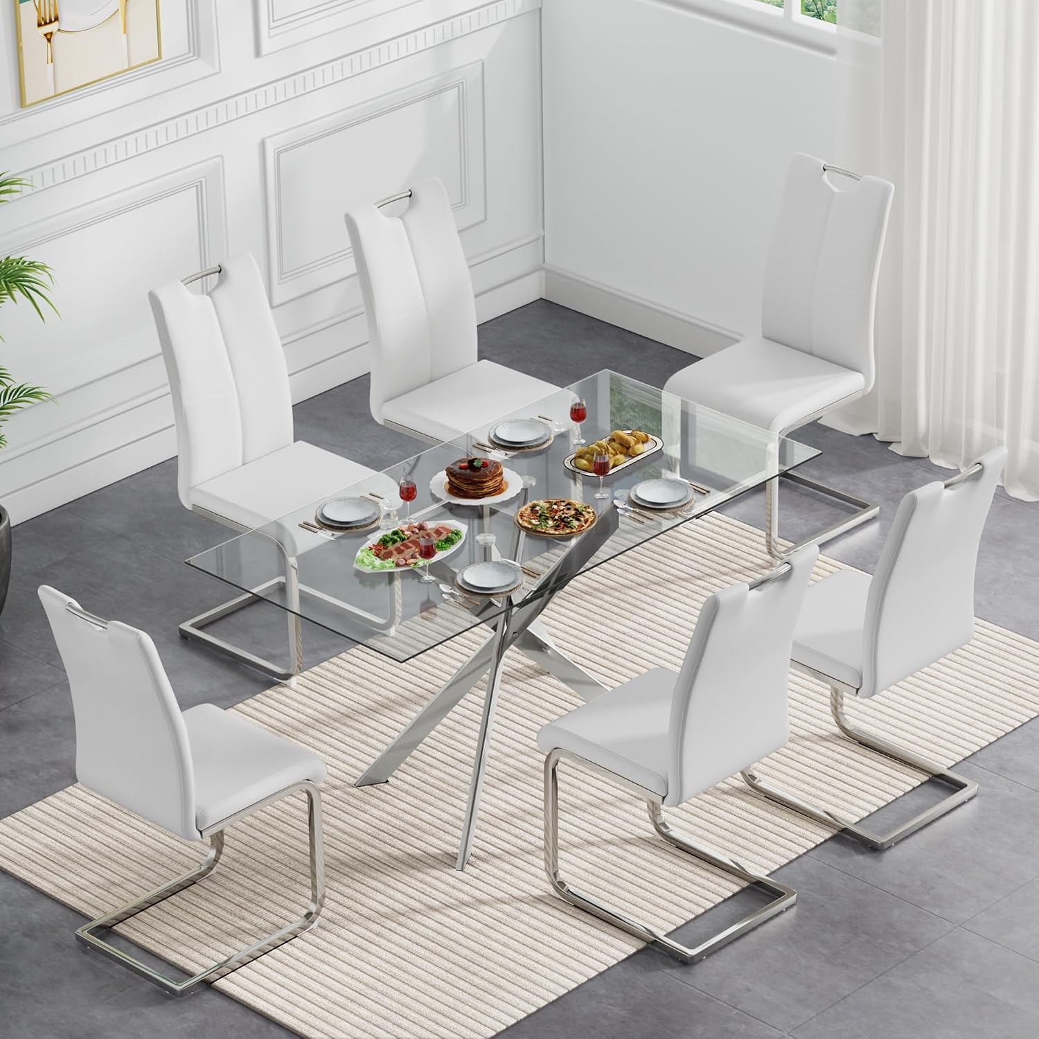 Henf 7 Piece Glass Dining Table Set for 6, 61" Modern Silver Kitchen Table and Chairs for 6, Rectangle Dining Room Table Set with 6 White Faux Leather Chairs for Small Space,Home, Apartment