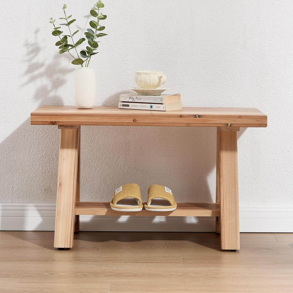 30" Entryway Bench with Storage Farmhouse Narrow Dining Bench Shoe Rack Small Wooden Benches Holds up to 300lbs for Hallway Living Room Dining Room Bedroom，2 Tiers, Natural
