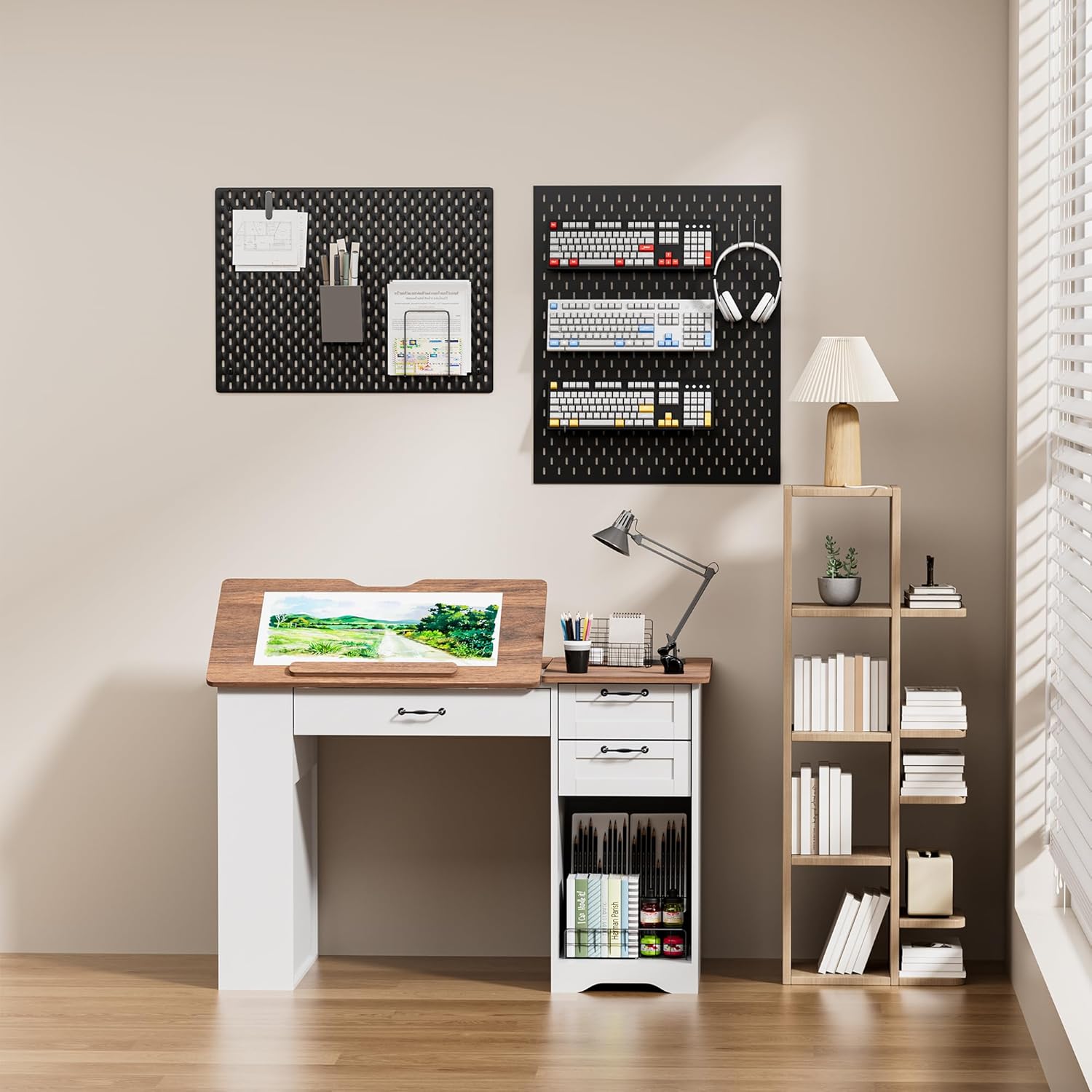 Drafting Table with Storage Cabinet & Drawers, Adjustable Drawing Desk with Open Shelves, Craft Table Painting Desk for Artists, Painters, Drawing, Crafting, Reading, Writing, Working