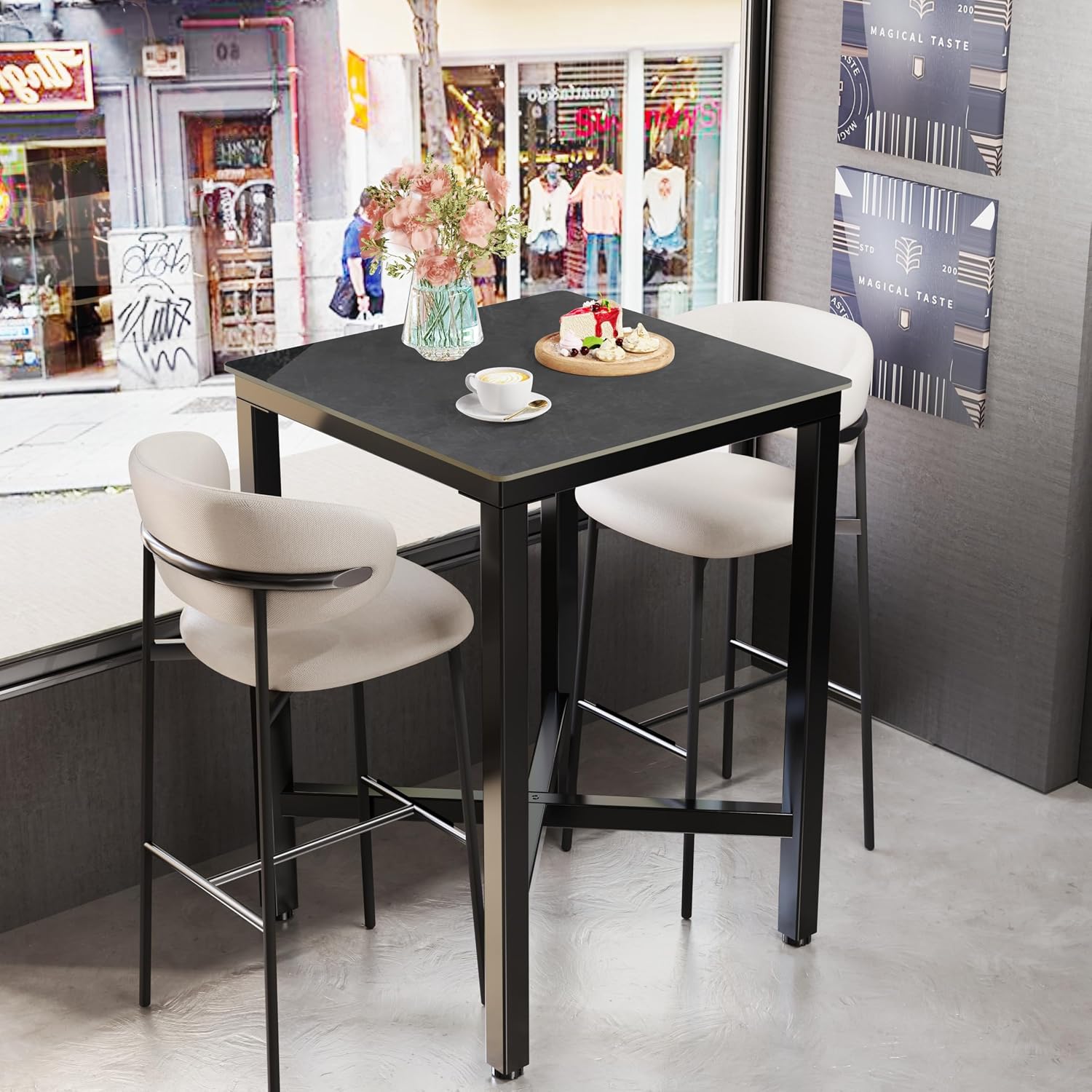 Wisfor Sintered Stone Bar Table: Black Mixed Grey Counter Height Dining Tables with Black Metal Frame - High Top Pub Bartables for Narrow Spaces (Square-Black)
