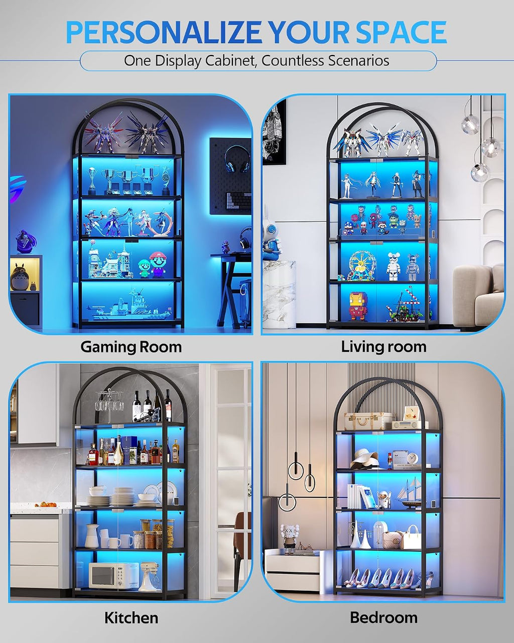 Display Arched Cabinet with Glass Doors, Curio Cabinet for Labubu Display 5-Tier Display Case with 7 Color RGB Lights for Collectibles, Display Cases for Book/Medal/Figure