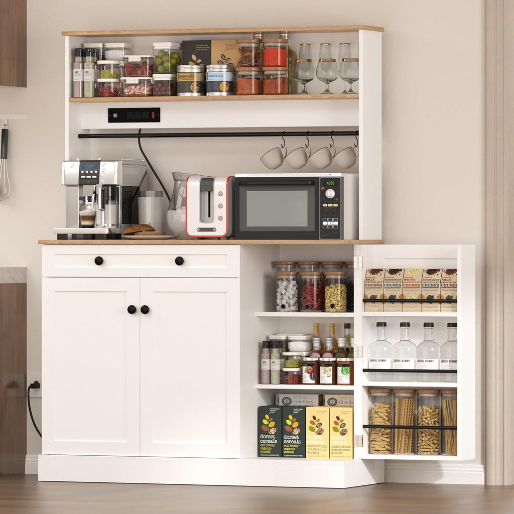 Kitchen Pantry Cabinet,Kitchen Hutch Cabinet with Power Outlets,Doors and Adjustable Shelves,Freestanding Food Pantry with Large Storage Drawer for Dining Room, Living Room
