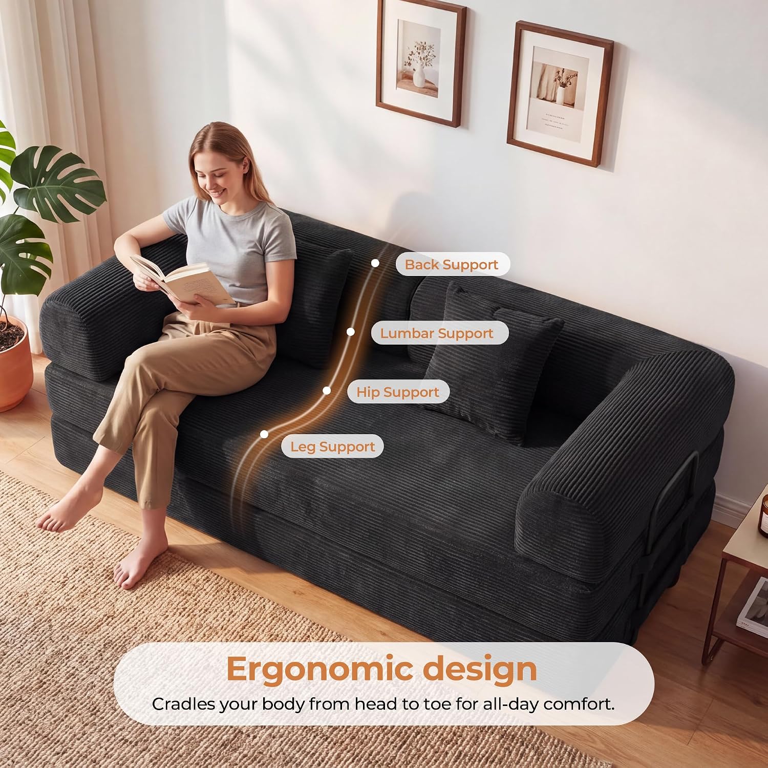 79'' Convertible Sofa Bed, 5-in-1 Folding Boneless Couch, Pull Out Floor Sleeper, Modular Lounge Sofa for Living Room Bedroom, Multi-Function Foldable Sofa (Black)