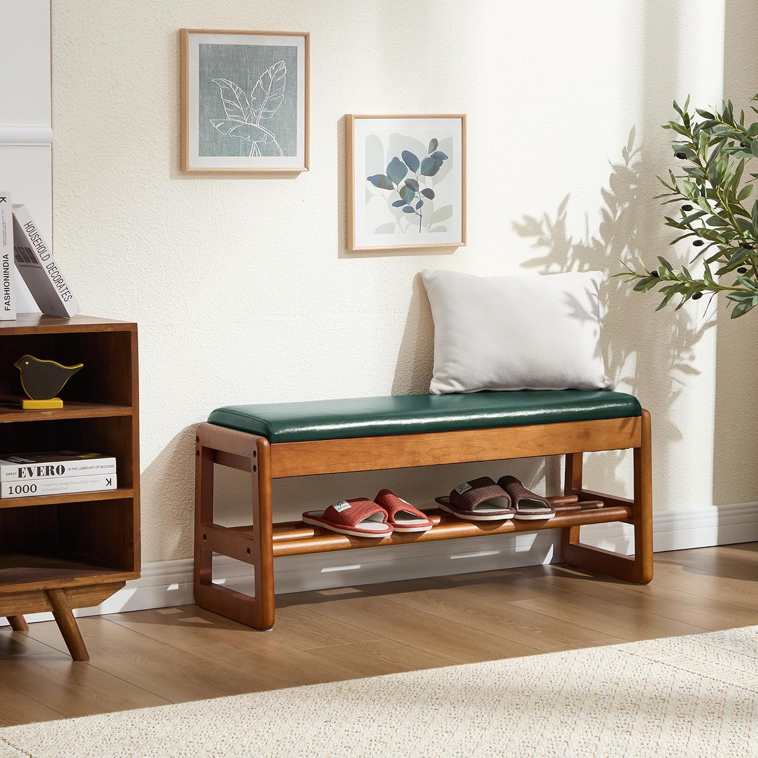 39.3" Shoe Rack Bench,2 Tiers Shoe Bench with Storage,Walnut Storage Bench with Faux Leather Cushion for Entrance Entryway Hallway Walnut PU Green
