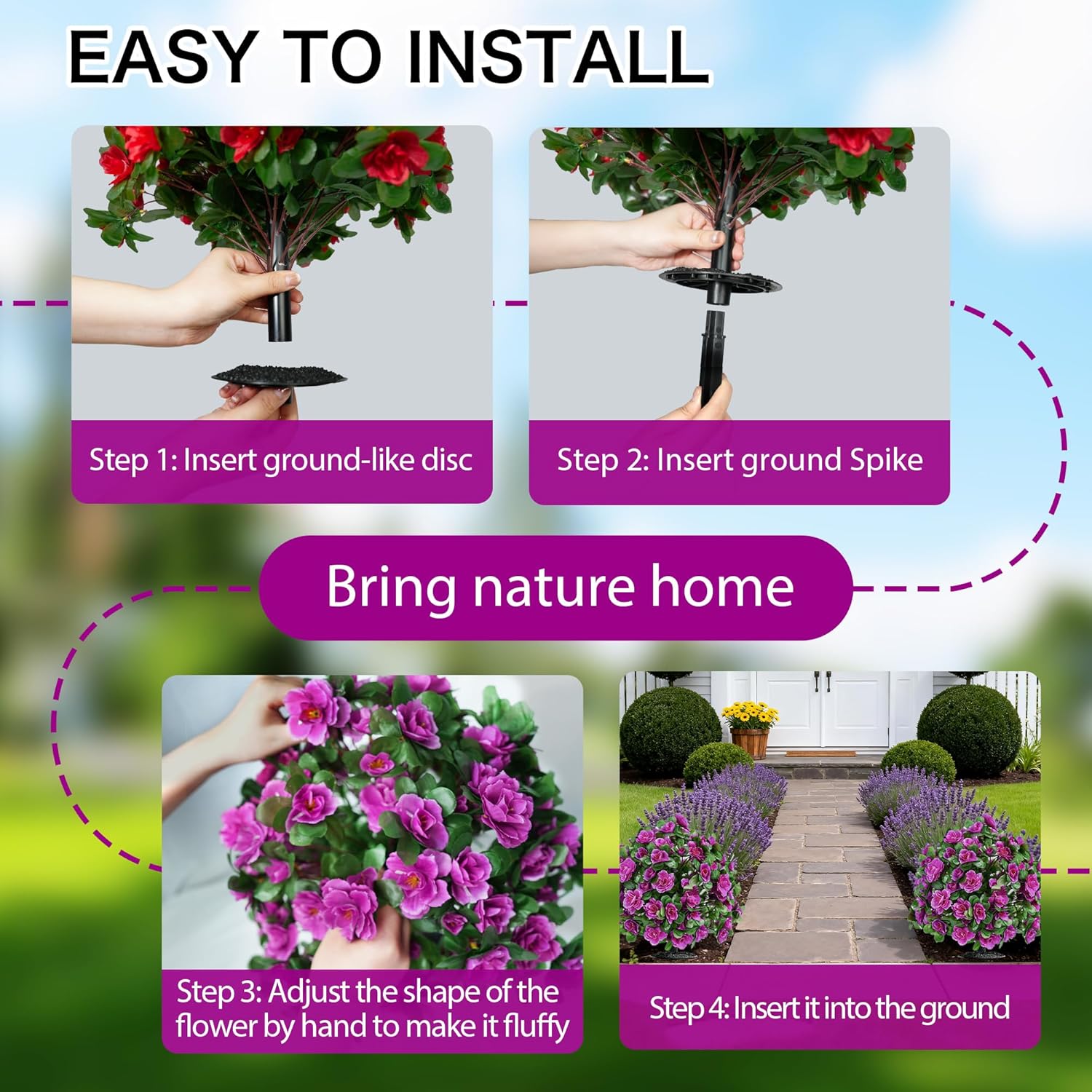 Artificial Flowers for Outdoors, Faux Outdoor Plants Fake Plants Topiary Balls Artificial Outdoor Set of 2 with Ground Spike for Home Front Porch Patio Garden Decor (Rose Purple)