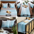 Bed Runner for Cal. King Size Bed, Light Blue Ombre Decorative Beds Runners and 2 Matching Pillow Covers Set, Modern Abstract Gradient Minimalist Art Beds Scarf Throw for Foot of Bedding Set for Hotel