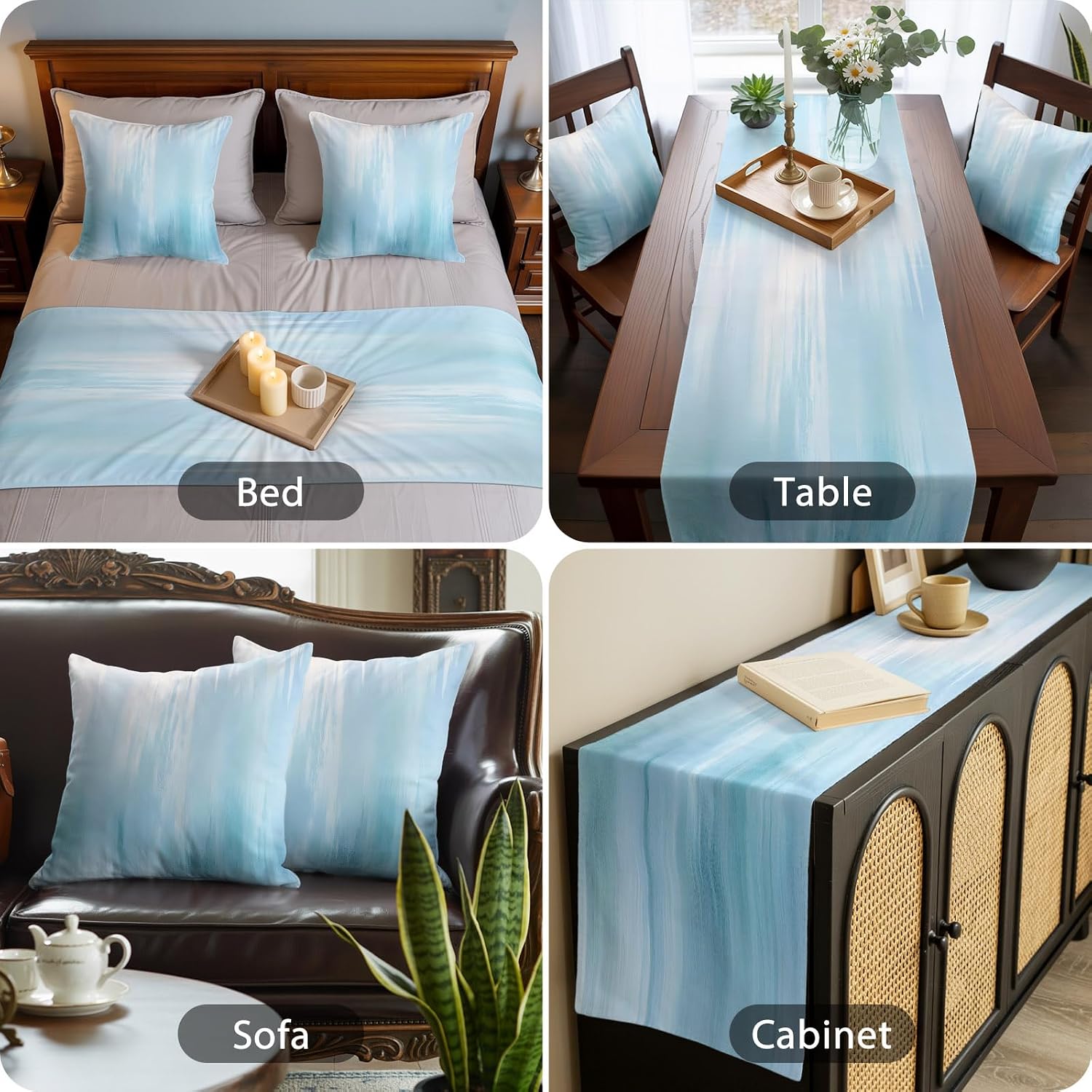 Bed Runner for Cal. King Size Bed, Light Blue Ombre Decorative Beds Runners and 2 Matching Pillow Covers Set, Modern Abstract Gradient Minimalist Art Beds Scarf Throw for Foot of Bedding Set for Hotel