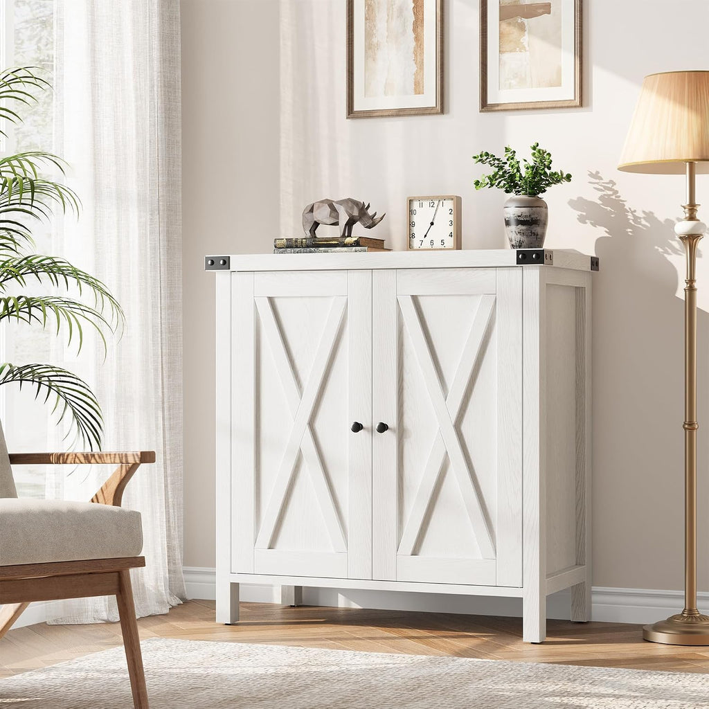 GarveeHome Small Storage Cabinet, Farmhouse Sideboard Buffet Cabinet with 2 Doors and Adjustable Shelves, Accent Entryway Console Cabinets for Living Room, Dining Room (Rustic White., 1 Pieces)