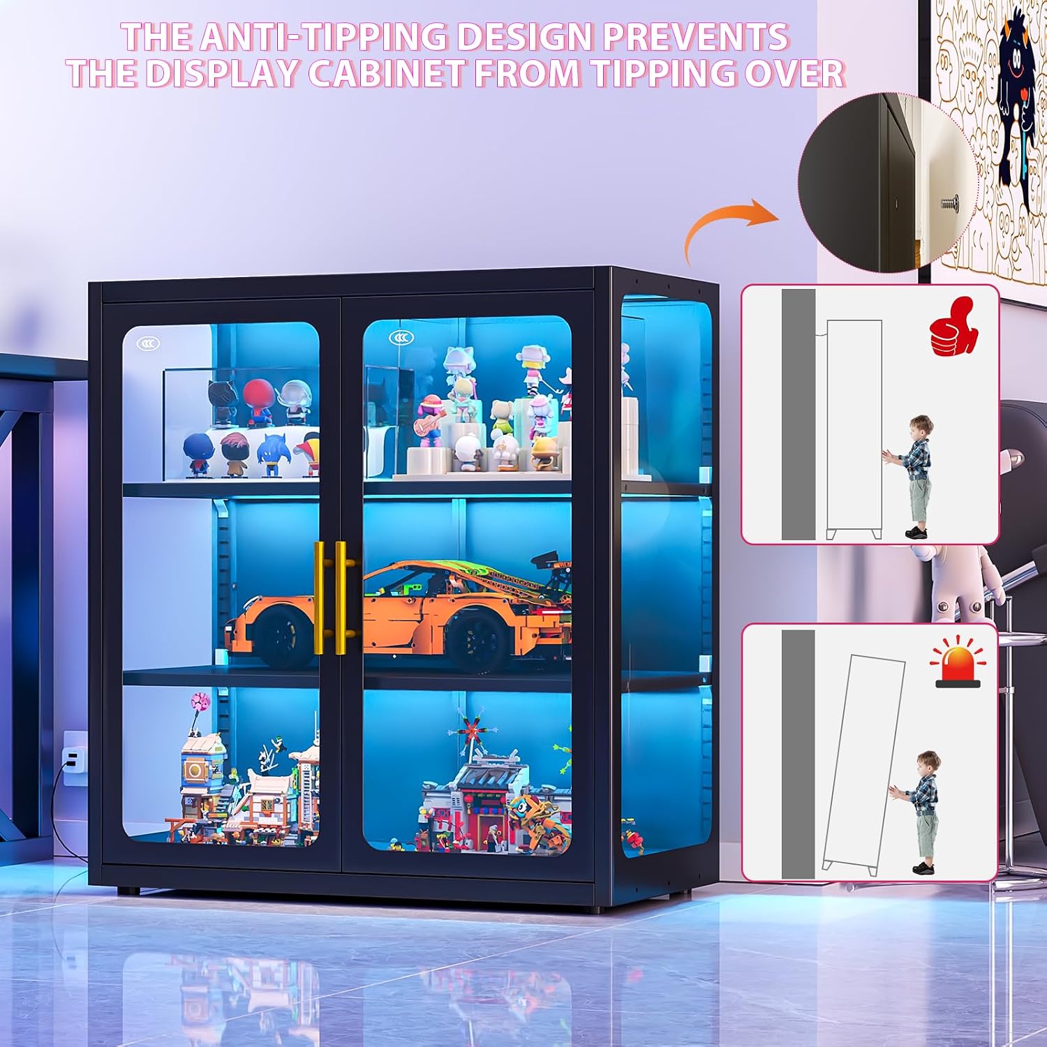 34" Display Cabinet with Glass Doors, 4-Tier Curio Cabinet with Many Color Lights for Collectibles, Glass Display Case, Bookcase with 4 Shelves, Storage Cabinets, Black