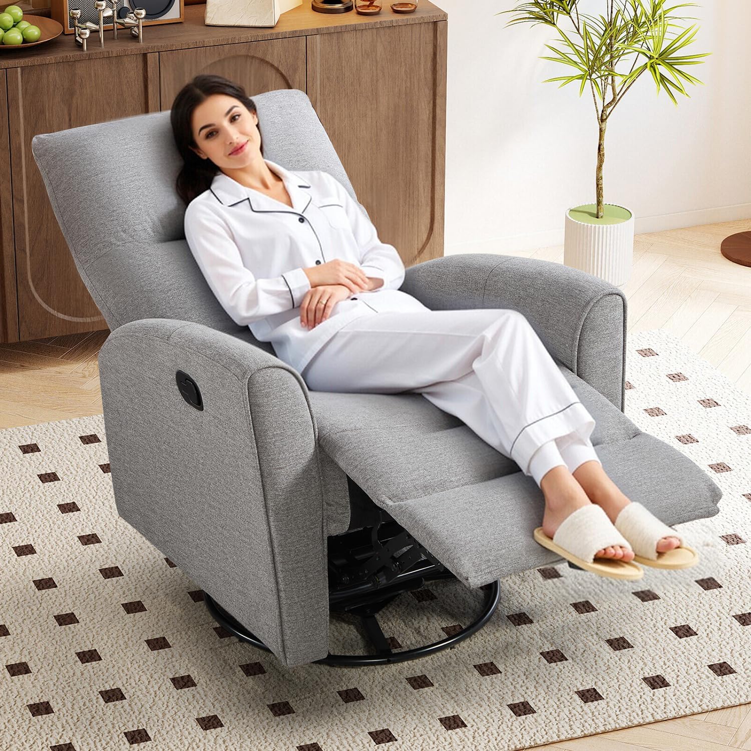 CANMOV Recliner Rocker Swivel Chair, Manual Chenille Glider Rocking Chair, Swivel Glider Recliners with Soft Backrest, 360° Swivel Nursery Reclining Sofa for Living Room Bedroom, Light Grey