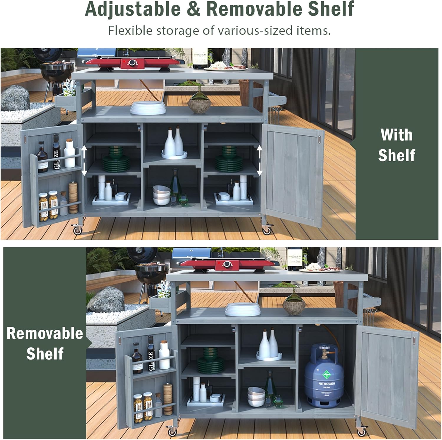 Outdoor Grill Cart with Storage, Rolling Bar Cart and Lockable Wheels, Farmhouse Solid Wood Outdoor Grill Table with Stainless Steel Top, Spice Rack, Towel Rack for Kitchen and BBQ, Grey Blue