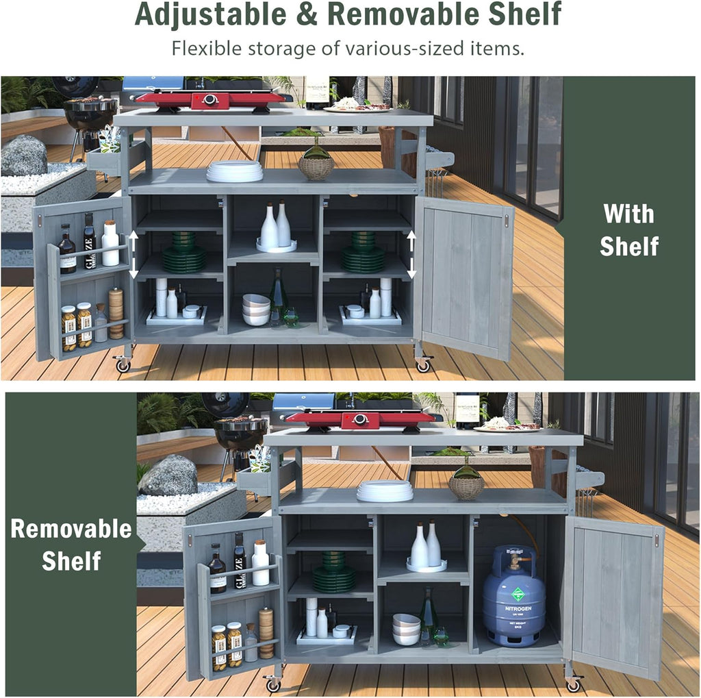Outdoor Grill Cart with Storage, Rolling Bar Cart and Lockable Wheels, Farmhouse Solid Wood Outdoor Grill Table with Stainless Steel Top, Spice Rack, Towel Rack for Kitchen and BBQ, Grey Blue