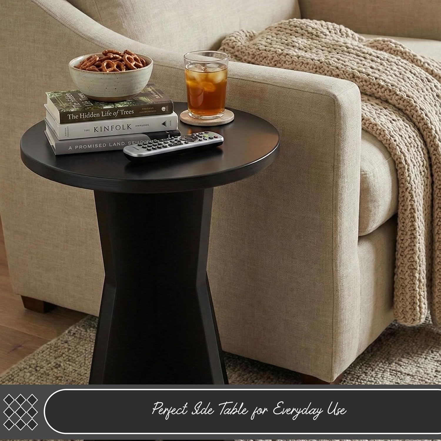 Kings Brand Furniture Round Side Table, Modern Pedestal Base Accent Table for Living Room, Bedroom, Bedside, or Office (Black)