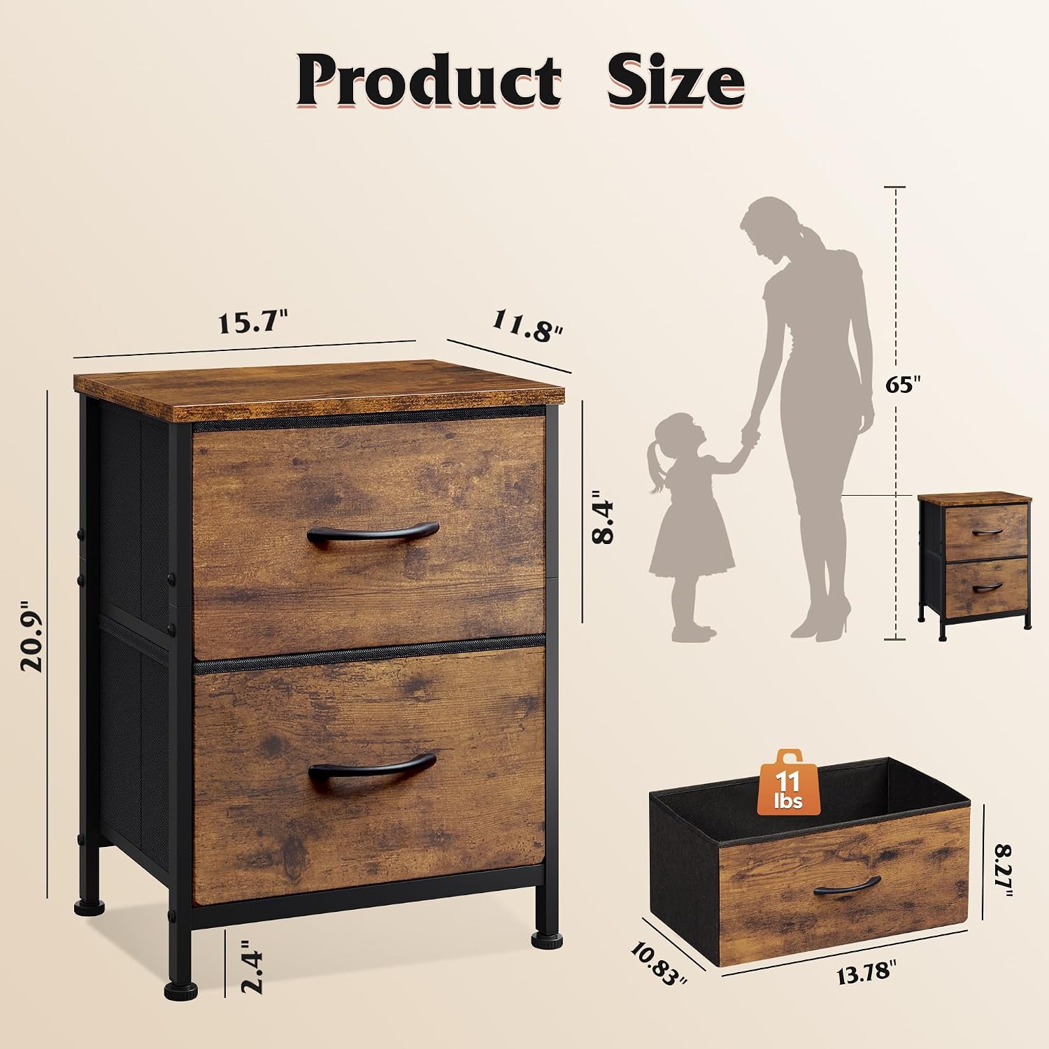 WLIVE Night Stand, Small Dresser with 2 Drawers & Wooden Top, Nightstand with Fabric Bins, Bedside Table End Table for Bedroom, Closet, Entryway, College Dorm, Rustic Brown | Nightstand with Fabric Bins, Bedside Table End Table for Bedroom, Kids Room