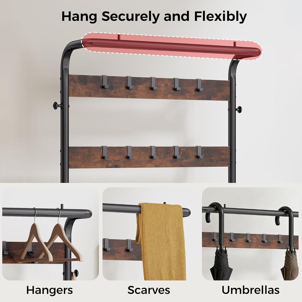 Hall Tree with Bench and Shoe Storage, 4-in-1 Entryway Organizer with 10 Hooks and Storage Shelf,Coat Rack Freestanding with 2-Tier Storage Shelf for Living Room, Deep Rustic